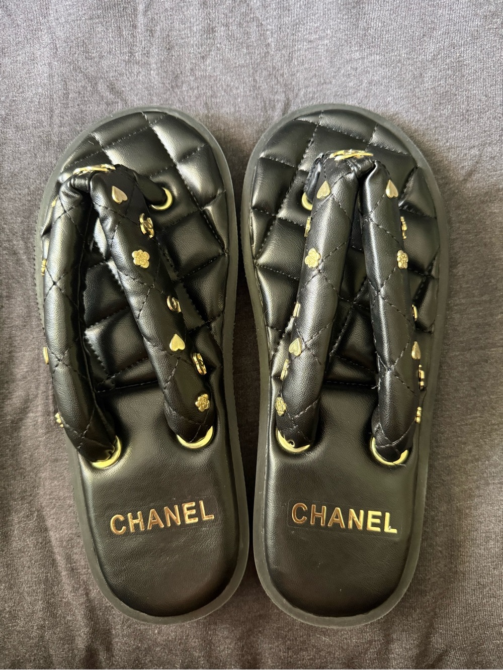 Black Quilted Logo Slide Sandals with Gold Accents